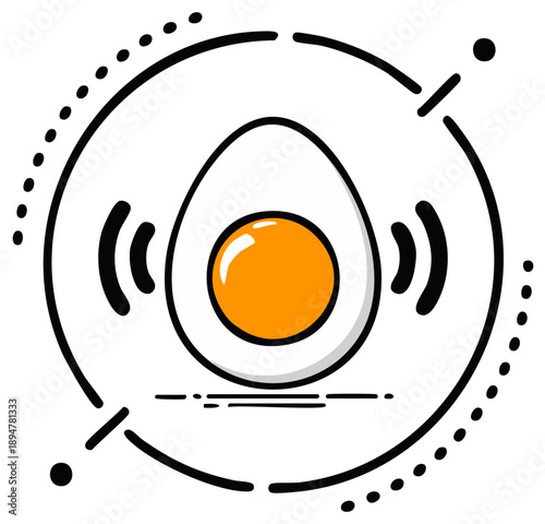 Cartoon-style boiled egg with sound waves inside a circle, food illustration