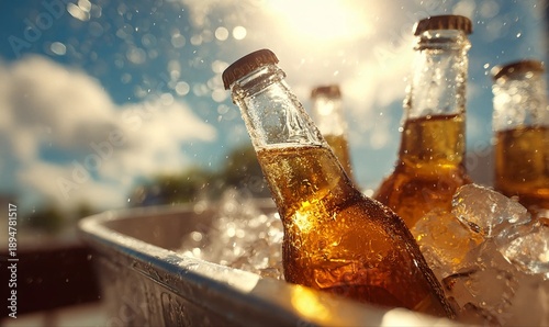 Cold beer bottle in ice bucket
