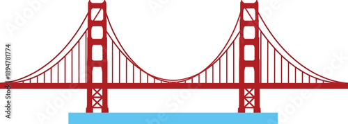 Golden Gate Bridge Vector Illustration with Red Towers and Suspension Cables for San Francisco Landmark, Architecture, Travel Poster, and Engineering Design