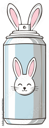 Cute cartoon bunny face on a spray can with large floppy ears