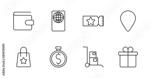 Shopping set icon. Wallet, passport, ticket, location, shopping bag, timer, delivery cart, gift box showing payment, delivery, e-commerce, purchase, logistics.
