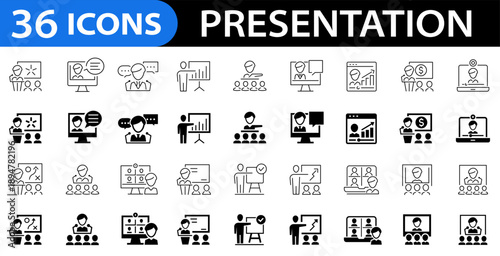 Presentation 36 icon set. Business presentation icons. Workshop excellent. Business training, keynote,seminar, sales presentation, meeting, business plan, whiteboard, conference and more.  Editable st