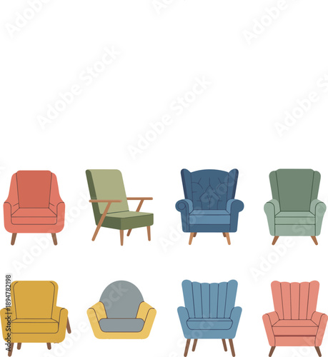 Mid-Century Modern Armchair Vector Set Colorful Upholstery and Wooden Legs
