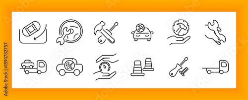 Car repair set icon. Wrenches, screwdrivers, gears, hammers, polishing, cleaning, traffic cones, parts, car diagnostics, tools, and service equipment.