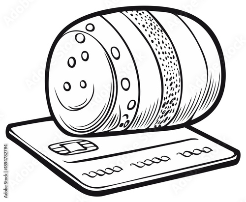 Smiling seasoning shaker on a credit card representing food budget and grocery expenses line art