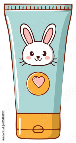 Cute cartoon rabbit face on a light blue squeeze tube with orange cap and heart emblem