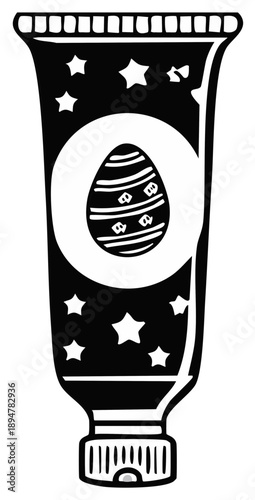 Black and white illustration of a squeeze tube with an Easter egg and stars