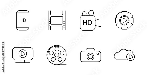 Multimedia and video set icon. HD label, film strip, video camera, settings, screen playback, film reel, camera, cloud storage, play button, media controls