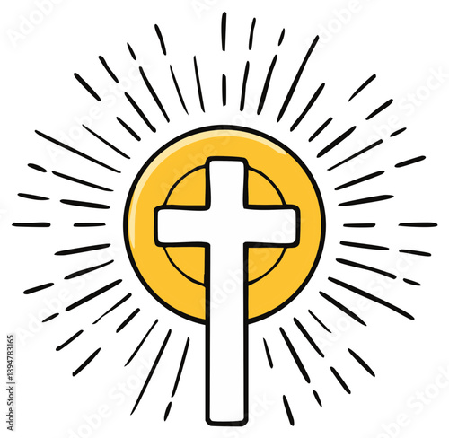 Christian Cross with Sunburst Rays and Golden Halo Icon