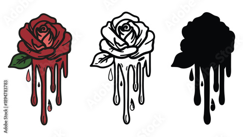 Three stylized roses with dripping petals are shown.