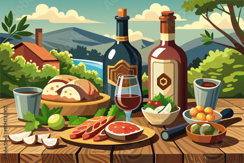 Bottles of rakia and wine with charcuterie meats cheese and fresh salad on rustic wooden table traditional Balkan dining food scene.