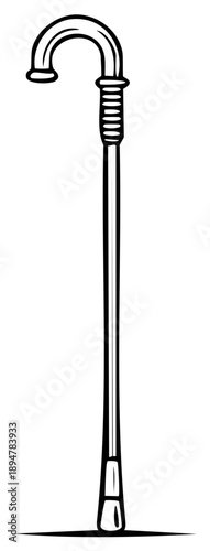 Monochrome illustration of an elegant walking cane or hiking stick with curved handle