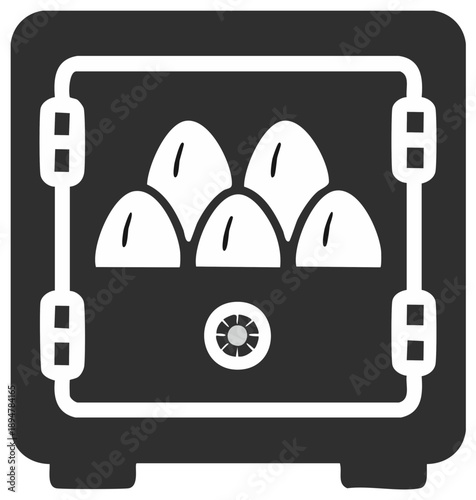 Cartoon depiction of a secure safe with valuable white egg shapes stored inside.