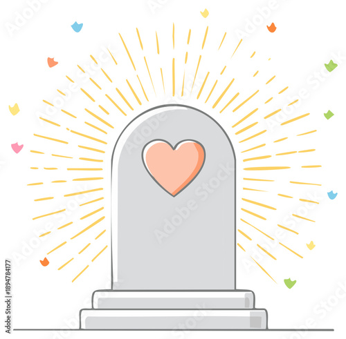 Heart on a Memorial with Glowing Rays and Celebration Confetti Illustration
