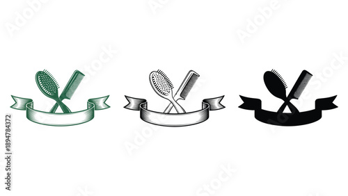 Three stylized icons of a comb and brush with banners
