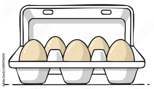 Six Cream Colored Eggs in a White Carton