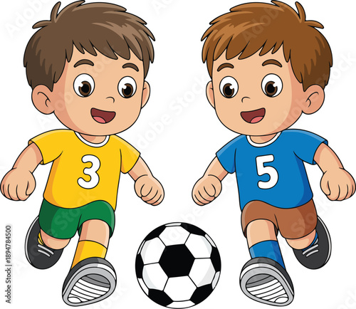Cute Kids Playing Soccer Vector Illustration Cartoon Boys School Sports Game
