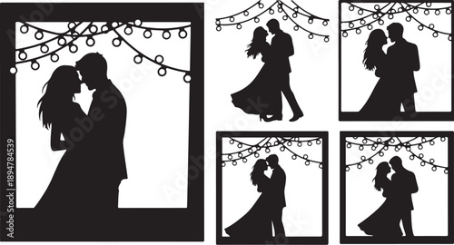 Romantic Silhouette of Loving Couple Under String Lights Dancing