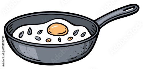Cartoon Style Fried Egg Cooking in a Frying Pan Illustration for Breakfast Menu Design