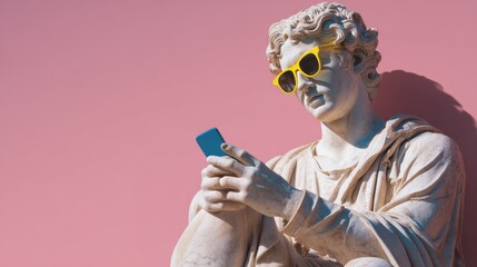 Classical statue wearing yellow sunglasses looking at a blue smartphone against a pink backdrop