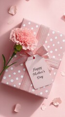 Pink gift box with white polka dots, ribbon and carnation for Mother's Day gift inspiration