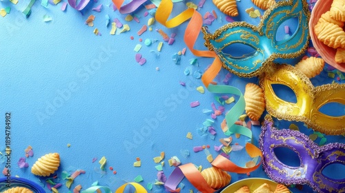 Masquerade masks with confetti ribbons on a blue background for celebration stock photo © ActionGP