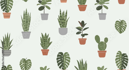 Collection of various potted houseplants in a repeating pattern.