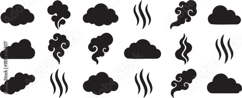 Black Smoke and Steam Cloud Vector Icons Set