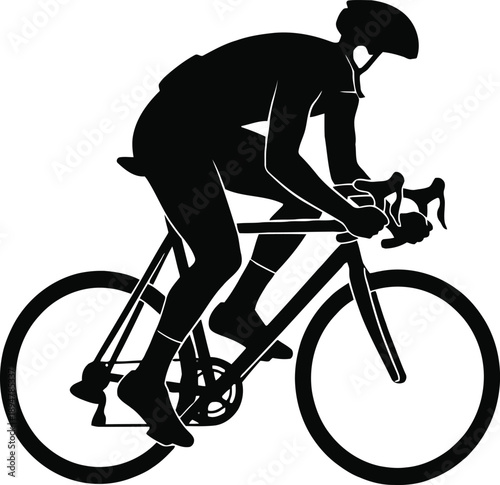 A black silhouette of a cyclist riding a bicycle isolated on white background.