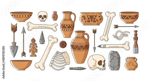 Illustration of various anthropology-related icons, including bones, skulls, pottery, and tools, arranged in a flat lay against a clean white background.