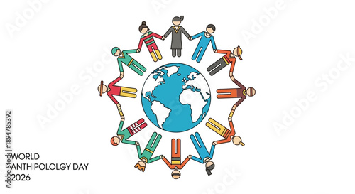 Vector illustration of diverse people around the globe celebrating World Anthropology Day 2026 with colorful iconography.