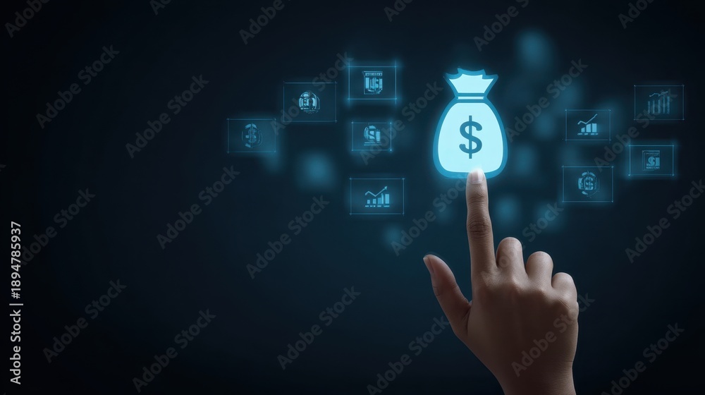 Fototapeta premium Hand Interacting with Digital Financial Symbols on a Virtual Screen, Representing Modern Technology and Business Concepts
