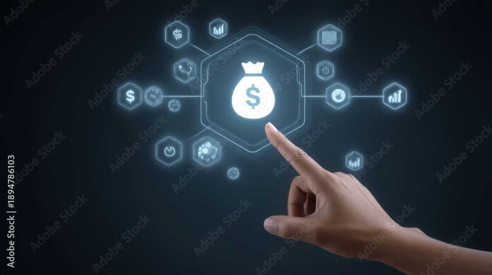 Obraz premium Hand Touching Money Icon with Digital Interface Representing Financial Transactions and Data Analytics Concepts
