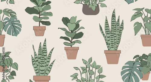 Collection of various potted houseplants in a seamless pattern.