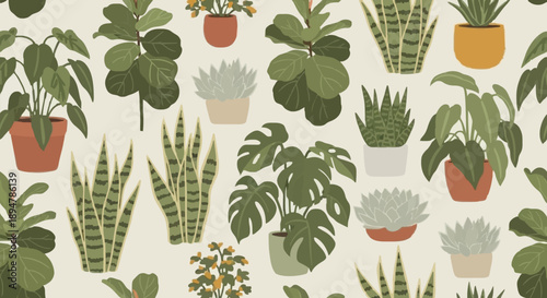 Collection of various potted houseplants in a seamless pattern.