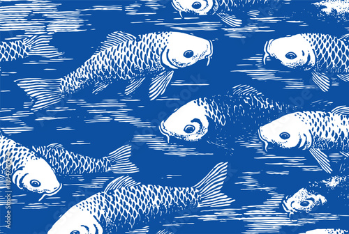 Elegant Japanese-style background featuring white koi fish swimming in a deep blue river. Intricate hand-drawn woodblock etching and horizontal line textures create a vintage aesthetic.