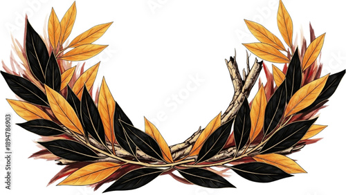 An intricate illustration of a laurel wreath with autumn leaves and branches