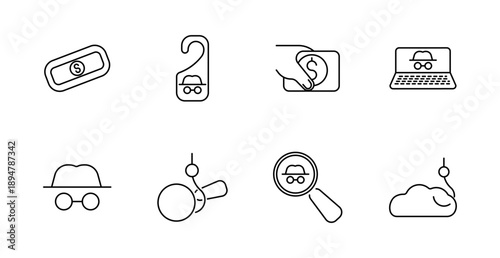 Incognito set icon. Ticket, private mode, secure payment, anonymous browsing, laptop, hat, magnifier, hidden identity, search, cloud access, privacy protection, secret session, confidential usage