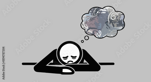 Sad stick figure thinking about money.