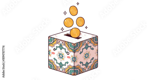 Coins emerging from a decorated box in an illustration style