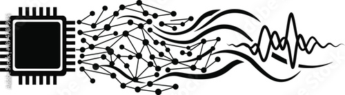 A black and white illustration of a microchip with swirling lines and dots emanating from it.