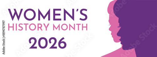 Women's history month 2026 banner. Vector art with female silhouette for social media, placard, backdrop, web design. Woman rights, equality week, day