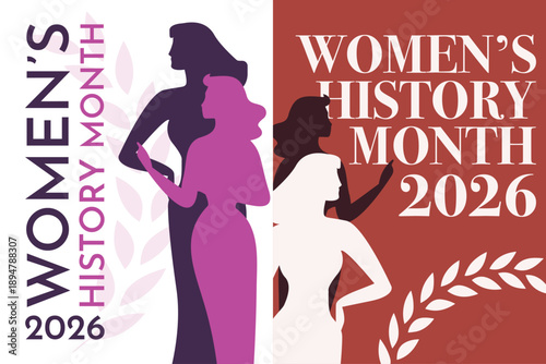 Women's history month 2026 poster pack. Vector arts with female silhouette for social media, placard, backdrop, web design. Woman rights, equality week, day