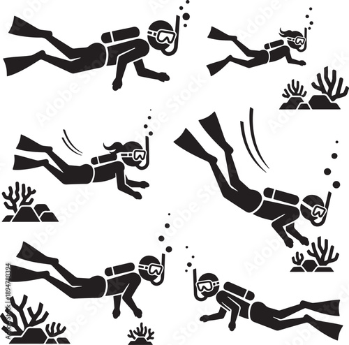 Set of Diverse Scuba Divers Silhouettes in Various Poses Underwater with Coral Reef Elements