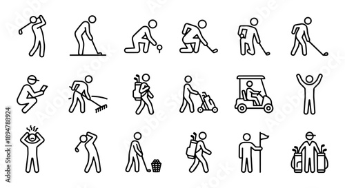 Golf player actions and etiquette icon set with swing, bunker rake, and celebration.