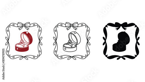 Three illustrations of jewelry boxes with ornate borders and bows