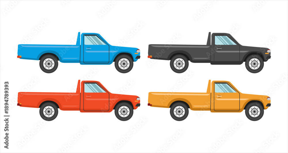 Fototapeta premium Pickup side view flat design vector illustration collection double cabin 