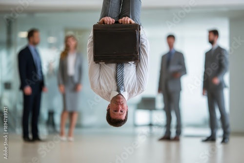 A businessman holding a briefcase but he is floating upside down in the office, anti-gravity concept, confused colleagues