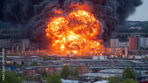 Daytime explosion in industry. A large explosion takes place in an industrial area with thick smoke rising into the sky. Nearby buildings are visible.