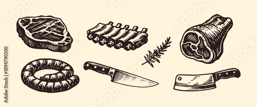 Butcher meat set engraving style vector illustration
